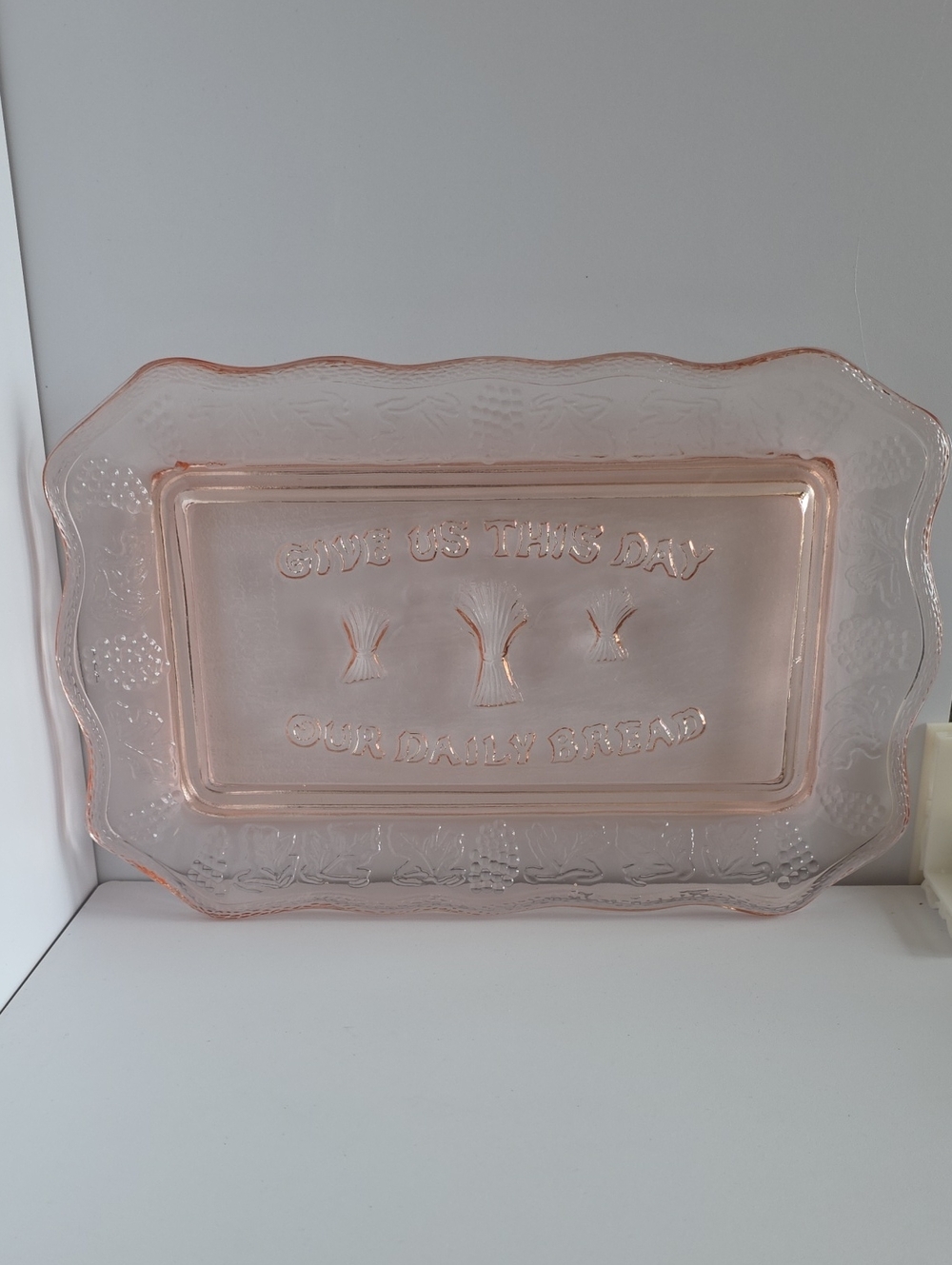 Vintage Tiara Pink Depression Glass Tray "Give Us This Day Our Daily Bread"